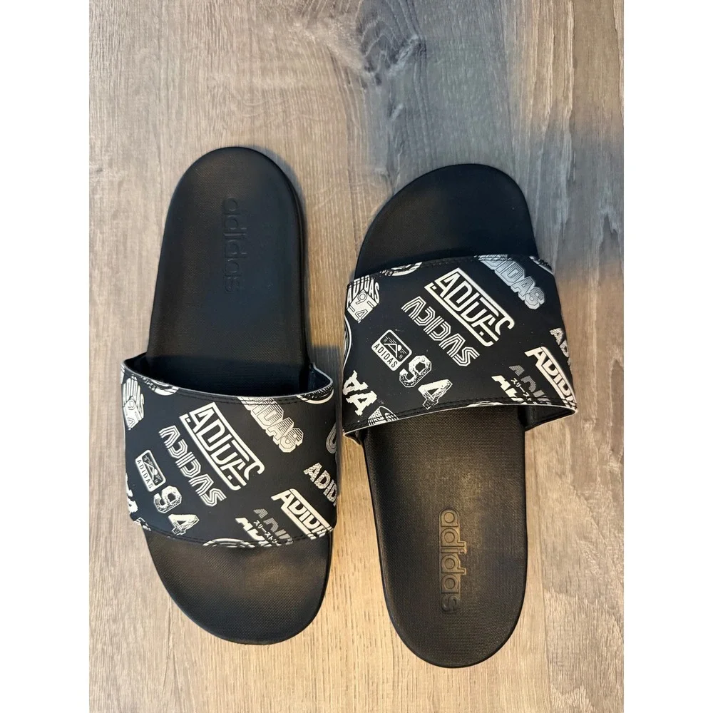 Adidas Adilette Comfort Slides Black White Graphic Print Men 8